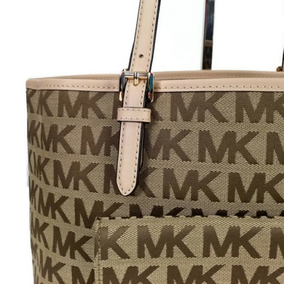 Michael Kors Jet set Signature Pocket MF Tote Brown Khaki Jacquard Leather - Picture 10 of 16